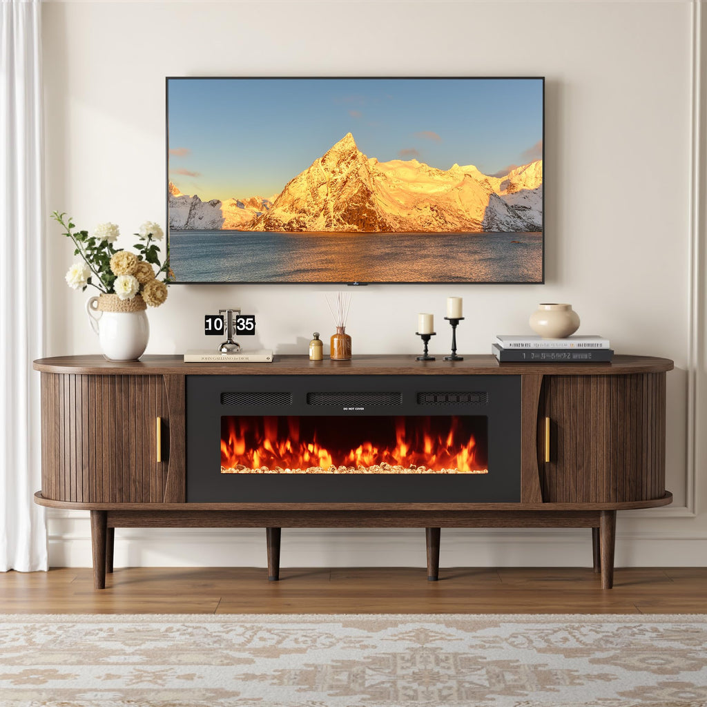 70″ Fluted Fireplace TV Stand with Sliding Tambour Doors Y70544