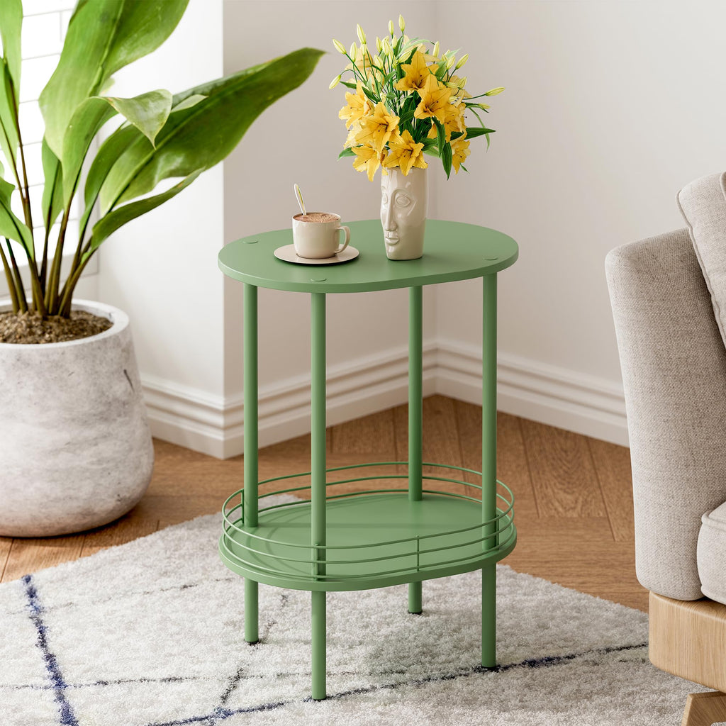 Oval Side Table with Storage, 2-Tier Green End Table Q5550