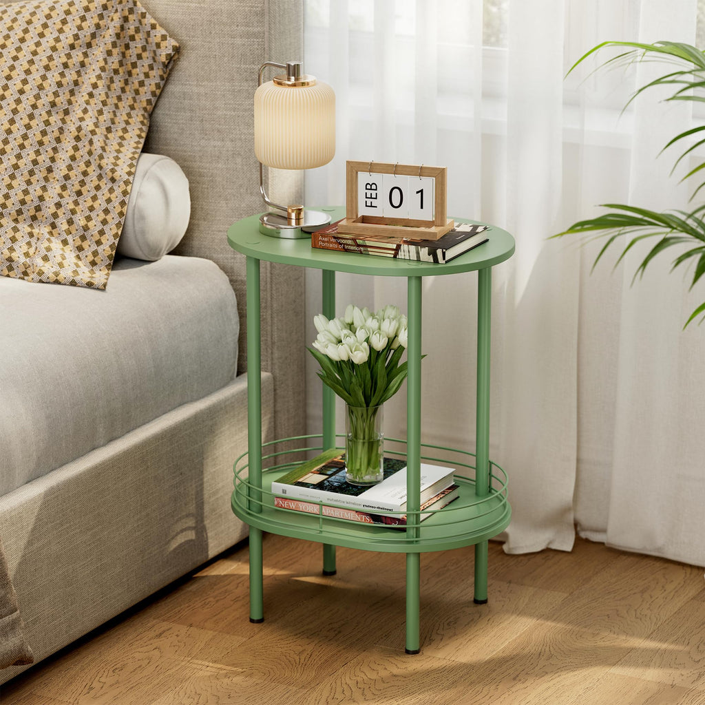 Oval Side Table with Storage, 2-Tier Green End Table Q5550