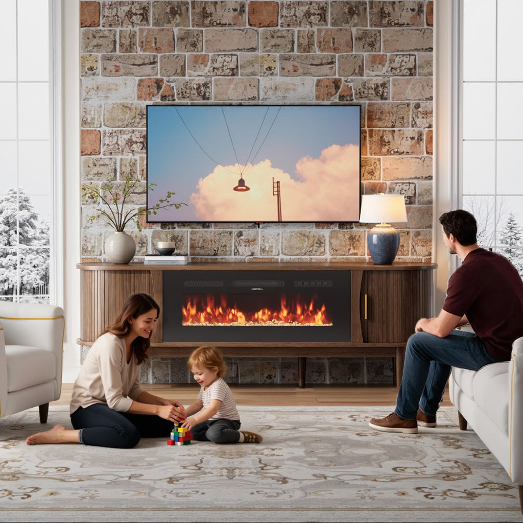 70″ Fluted Fireplace TV Stand with Sliding Tambour Doors Y70544