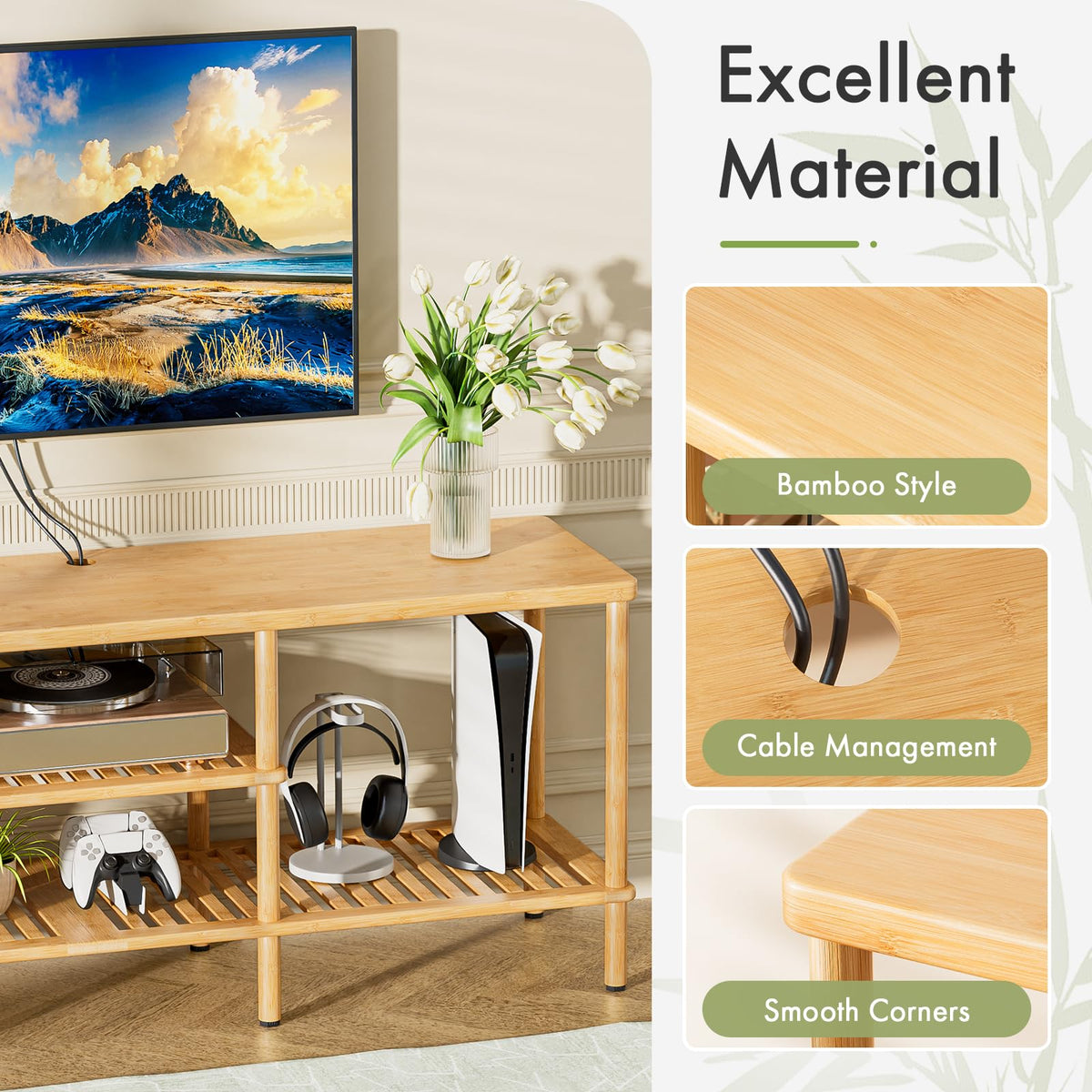Bamboo 3 Tier TV Stand for 60 65 Inch TV S28391