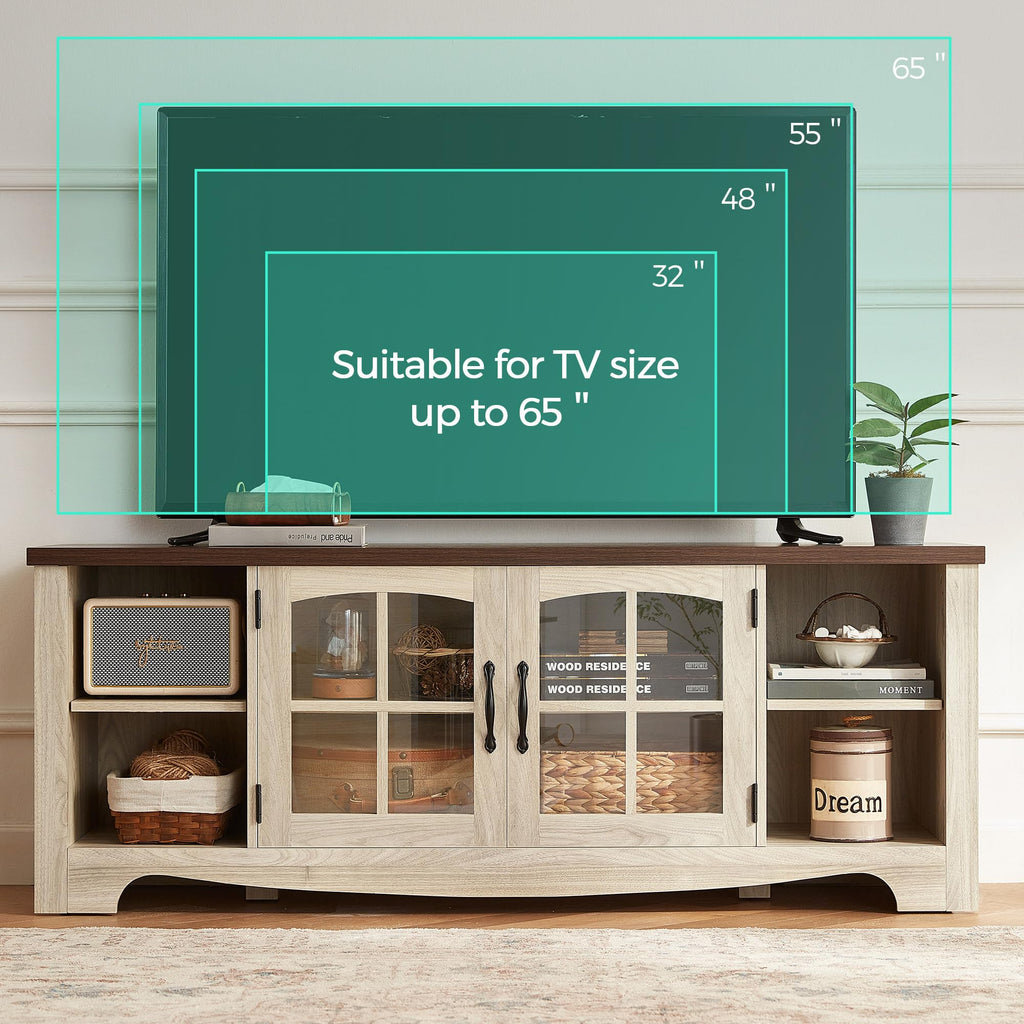 Farmhouse Wood TV Stand for 65 Inch TV with Glass Door Storage Cabinet U8292