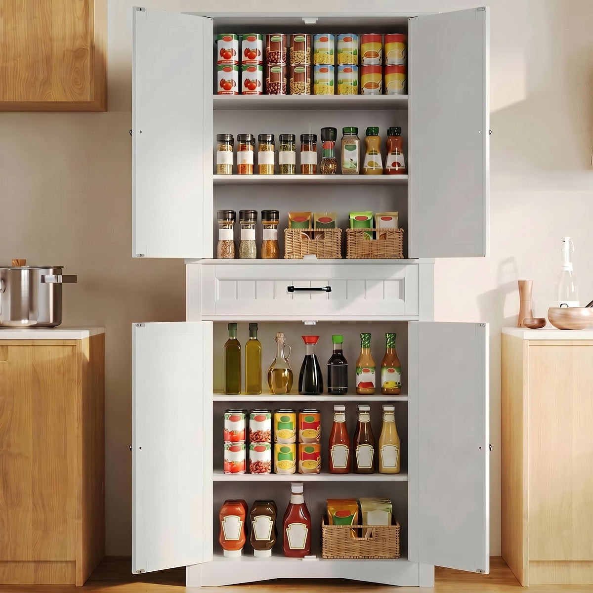 71" White Kitchen Pantry Storage Cabinet V4396