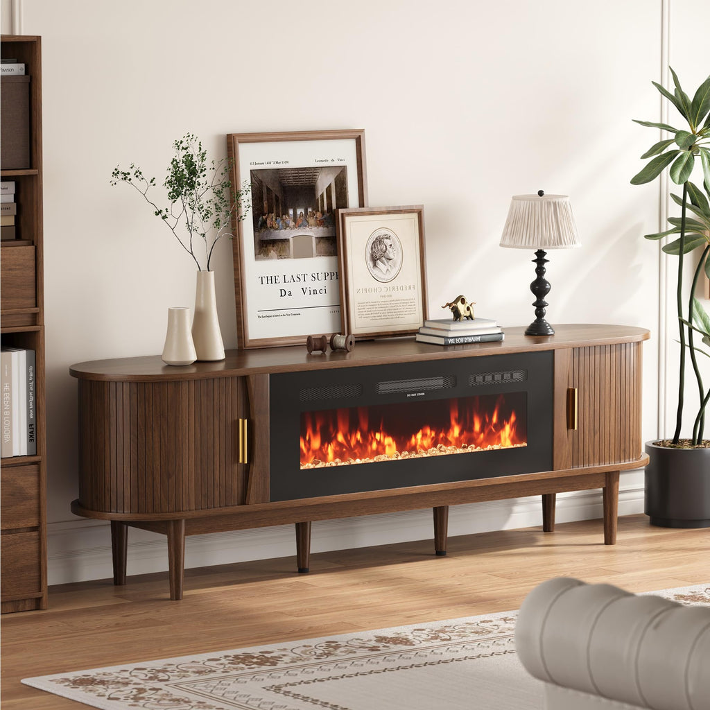 70″ Fluted Fireplace TV Stand with Sliding Tambour Doors Y70544