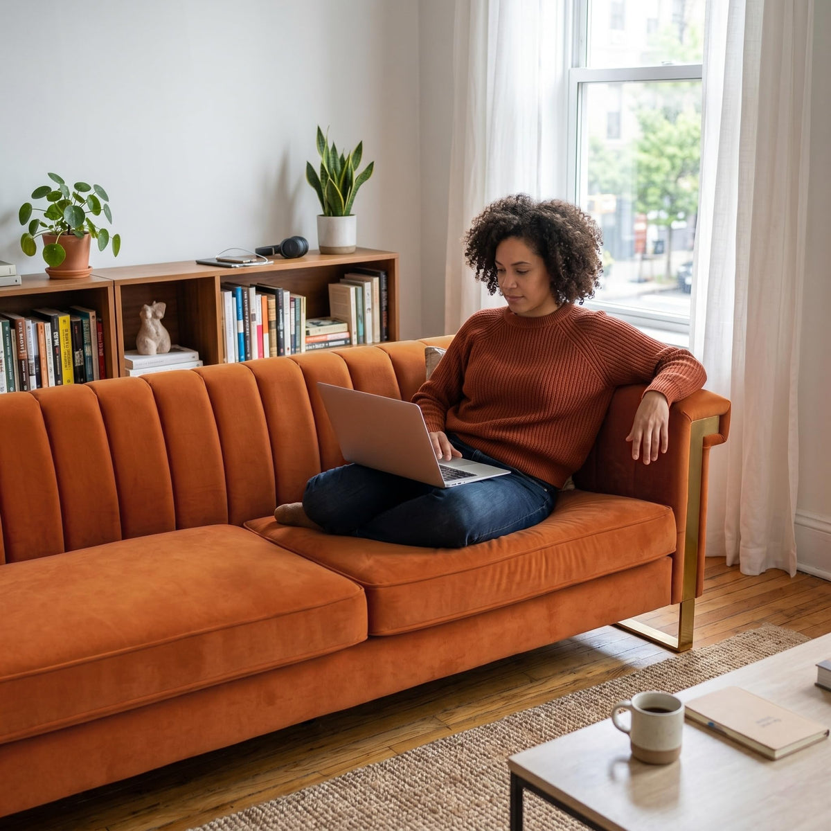 Orange Velvet 3-Seater Sofa Q720972