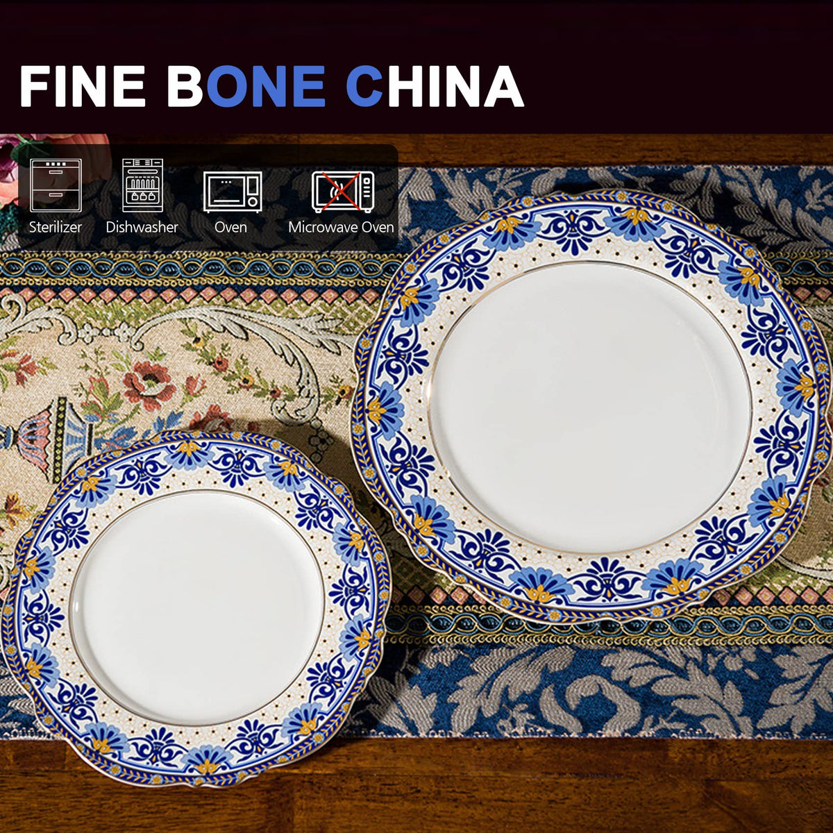 Tea Coffee Cup and Saucer Set, Bone China Dinnerware Set for 4, Blue and White L298442