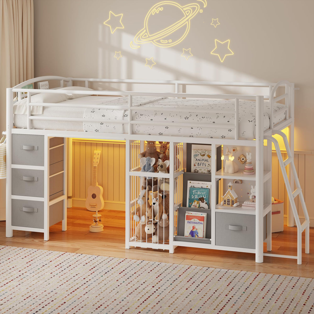 Twin Low Loft Bed with Storage Drawers and LED Lights X720746