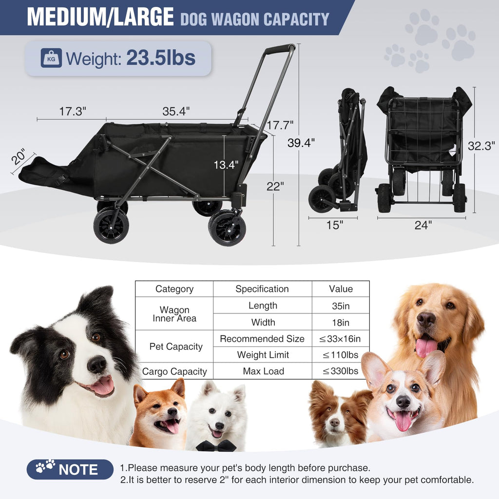 Folding Dog Wagon Cart with Extendable Rear End, 220L Collapsible Utility Cart, Black J18257