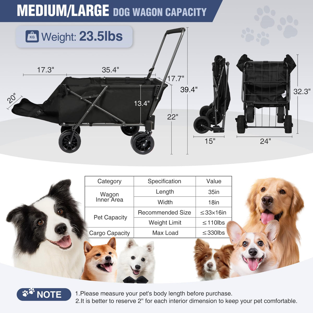 Folding Dog Wagon Cart with Extendable Rear End, 220L Collapsible Utility Cart, Black J18257
