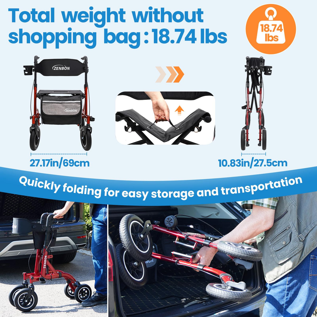 Foldable Rolling Walker with Seat 330 lbs Capacity 10 inch Wheels C513