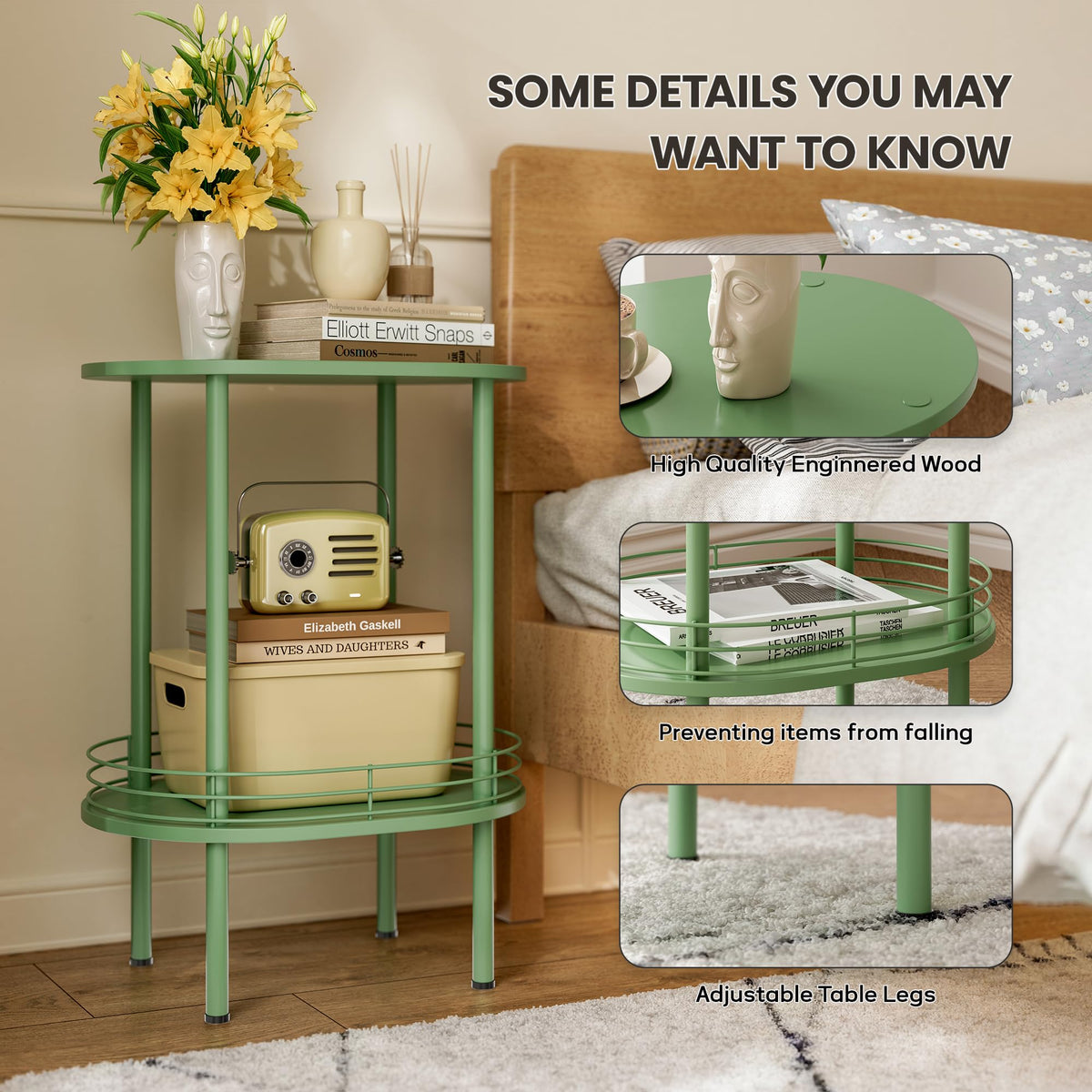 Oval Side Table with Storage, 2-Tier Green End Table Q5550