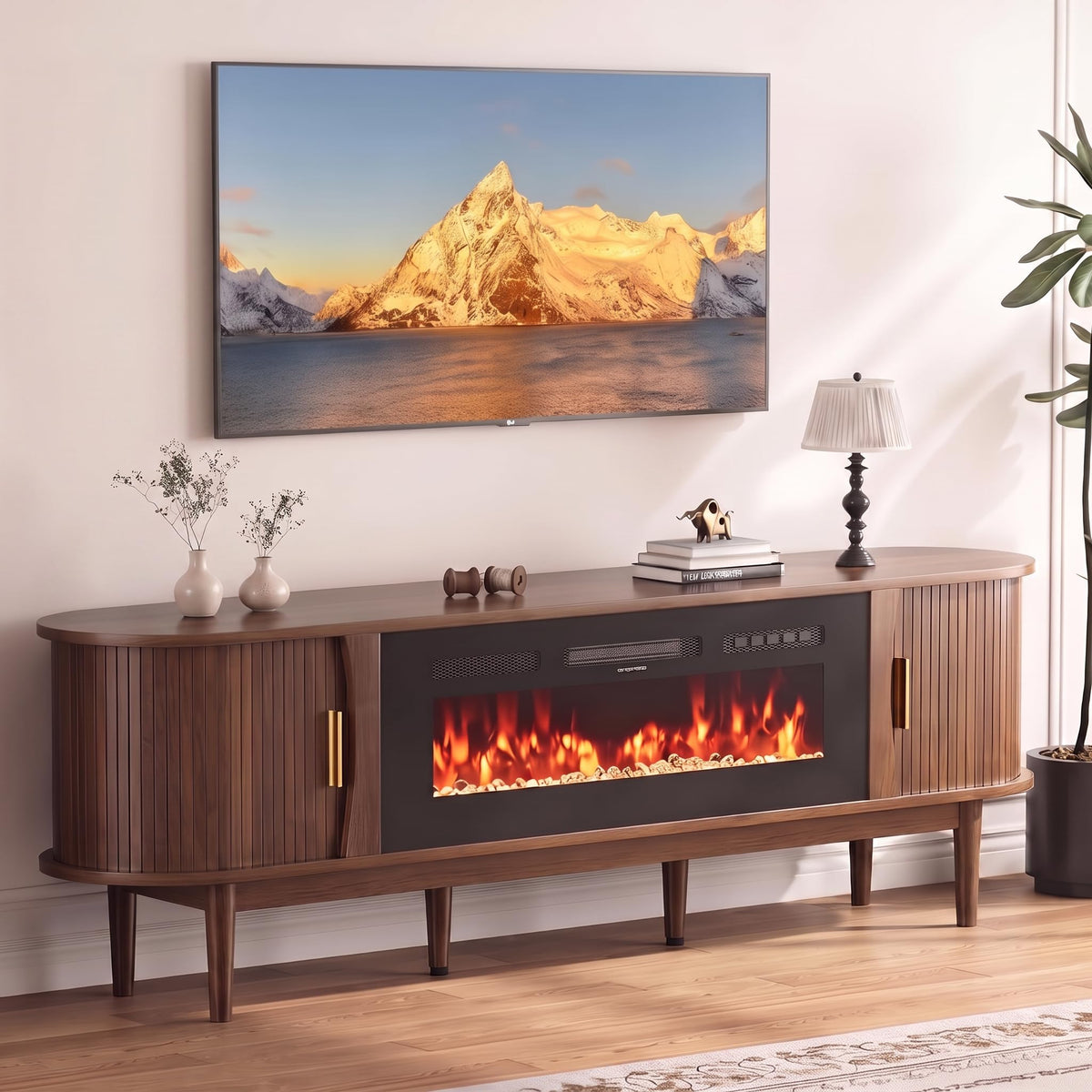 70″ Fluted Fireplace TV Stand with Sliding Tambour Doors Y70544