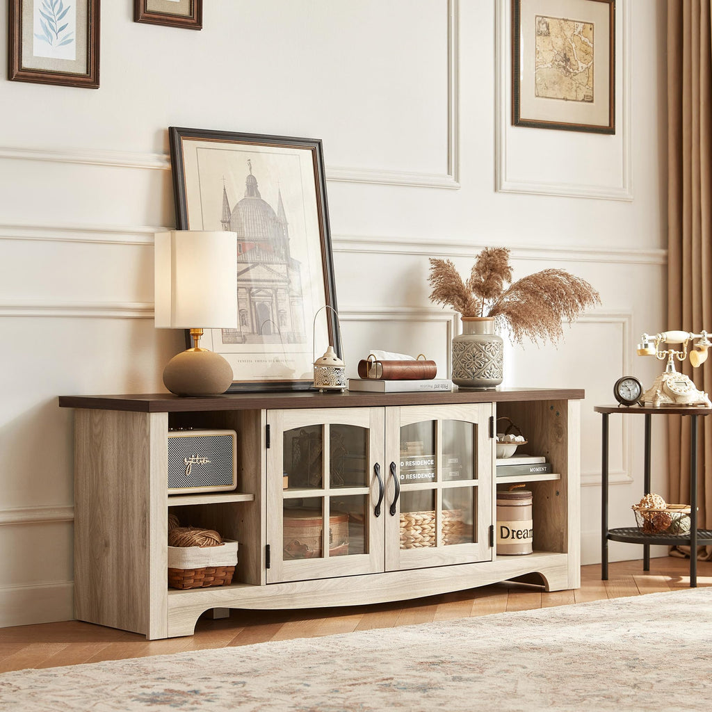 Farmhouse Wood TV Stand for 65 Inch TV with Glass Door Storage Cabinet U8292