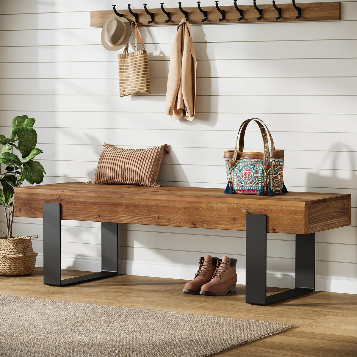 Solid Wooden Entryway Bench with Metal Legs W1649