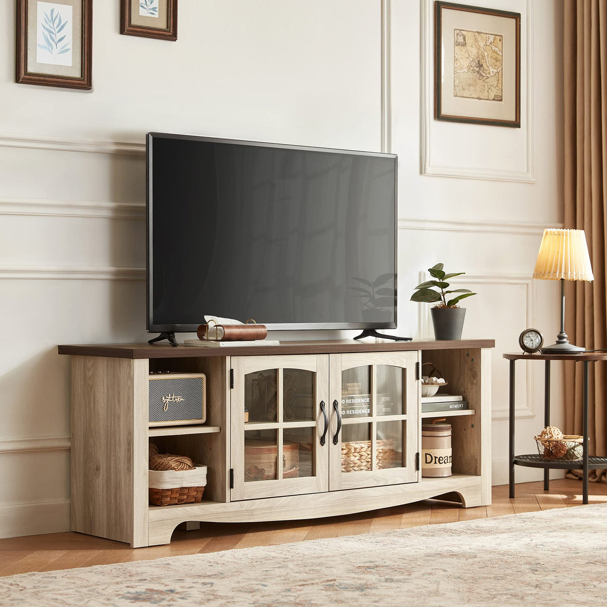 Farmhouse Wood TV Stand for 65 Inch TV with Glass Door Storage Cabinet U8292