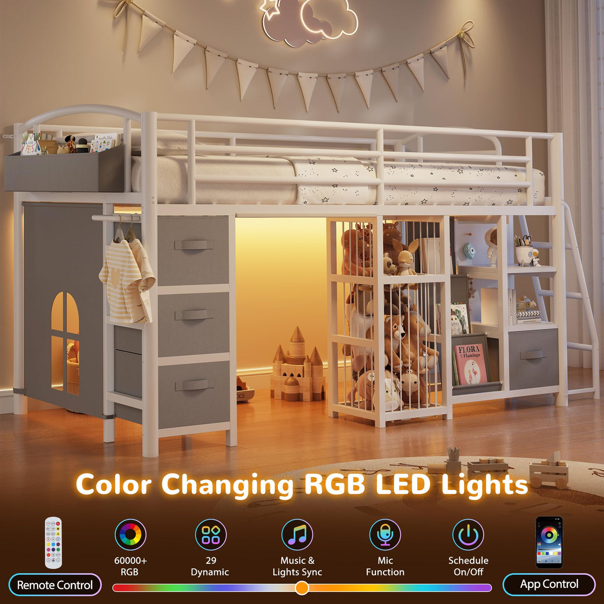 Twin Low Loft Bed with Storage Drawers and LED Lights X720746