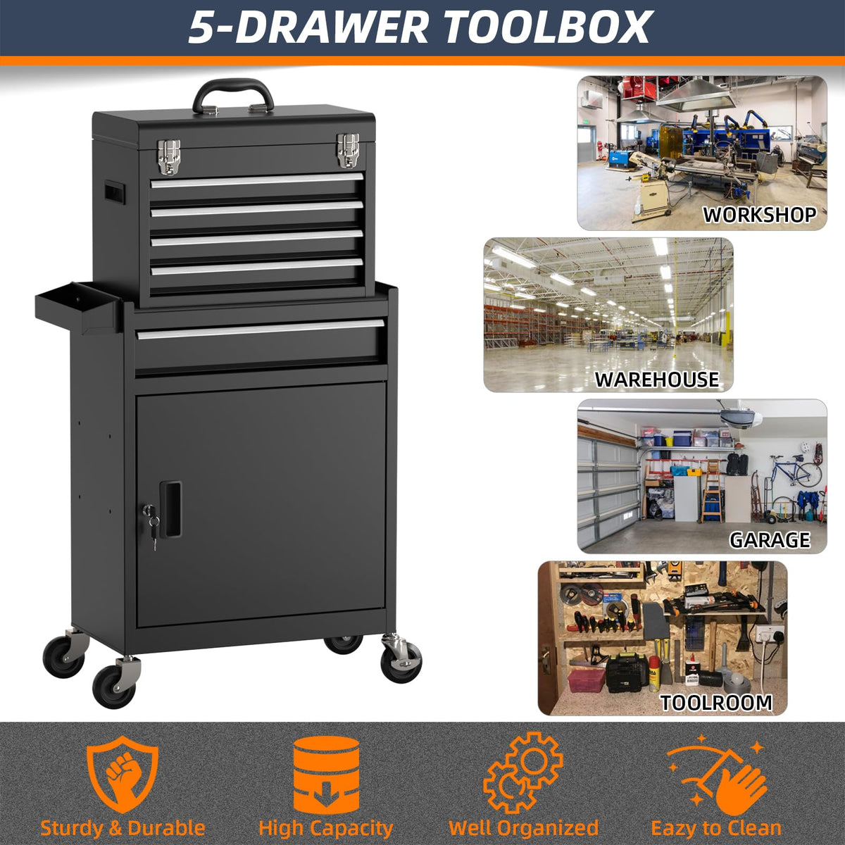 5 Drawer Rolling Tool Chest with Wheels and Lock F228323