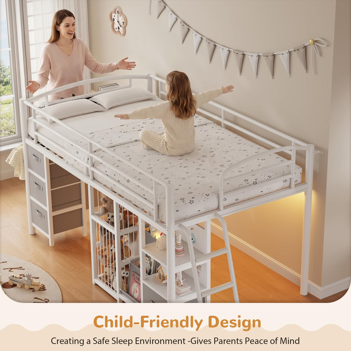 Twin Low Loft Bed with Storage Drawers and LED Lights X720746
