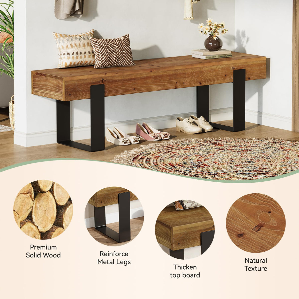 Solid Wooden Entryway Bench with Metal Legs W1649