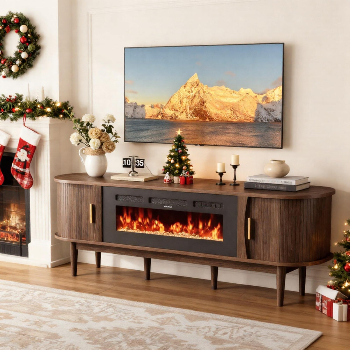 70″ Fluted Fireplace TV Stand with Sliding Tambour Doors Y70544