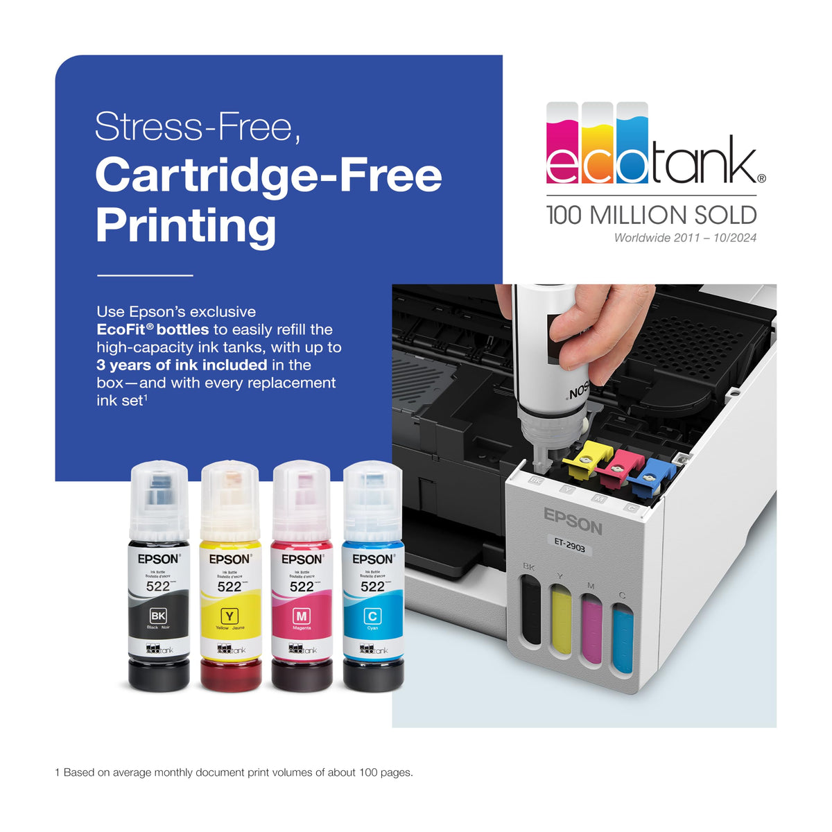 Wireless All-in-One Color Supertank Printer with Refillable Tanks, Scanner, White U56492