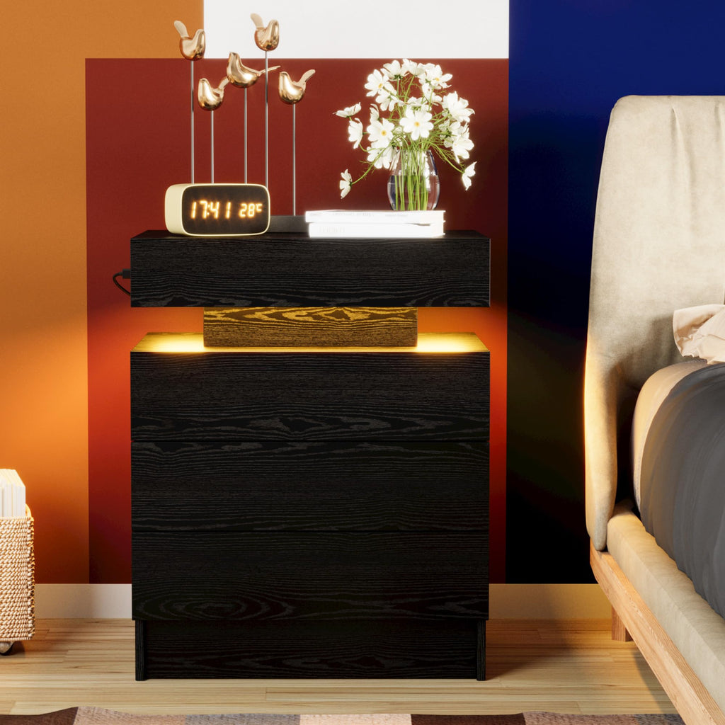 Black 3 Drawer Nightstand with Charging Station K9808