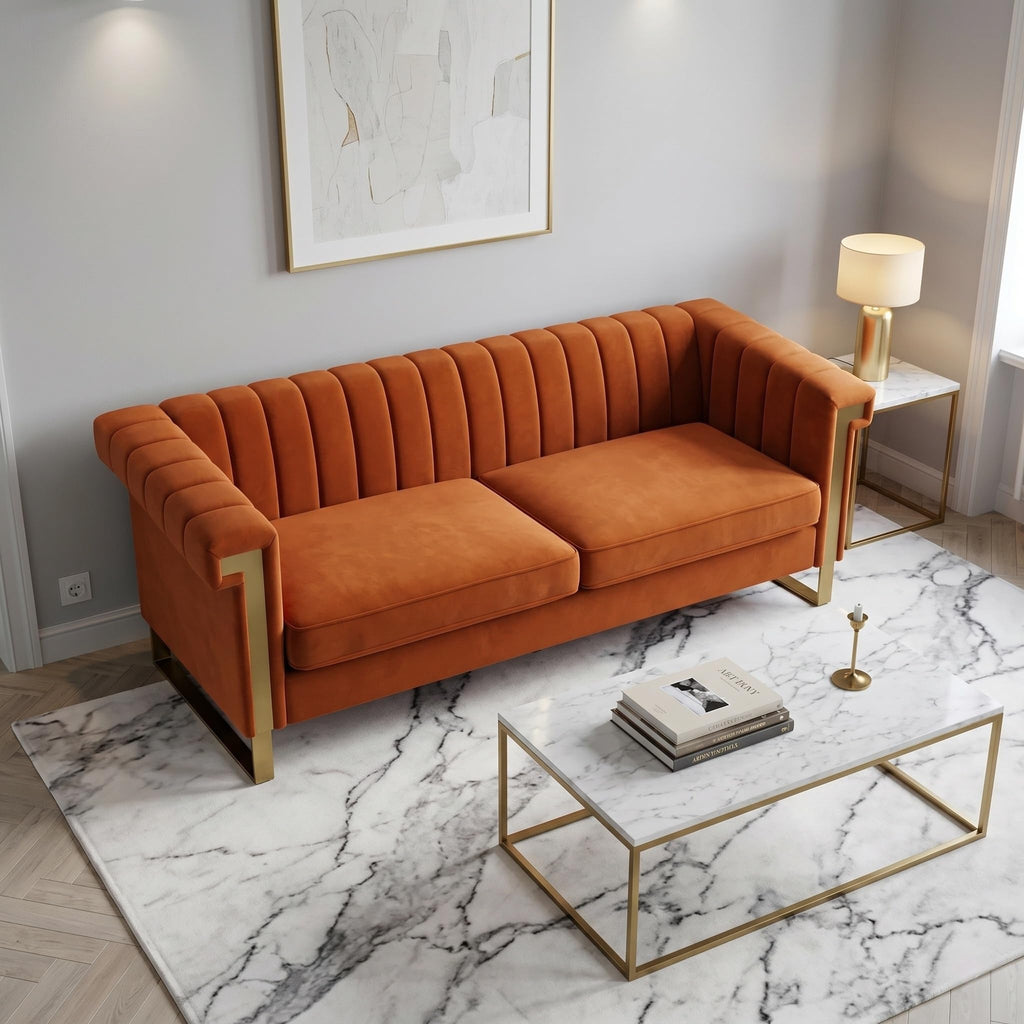Orange Velvet 3-Seater Sofa Q720972