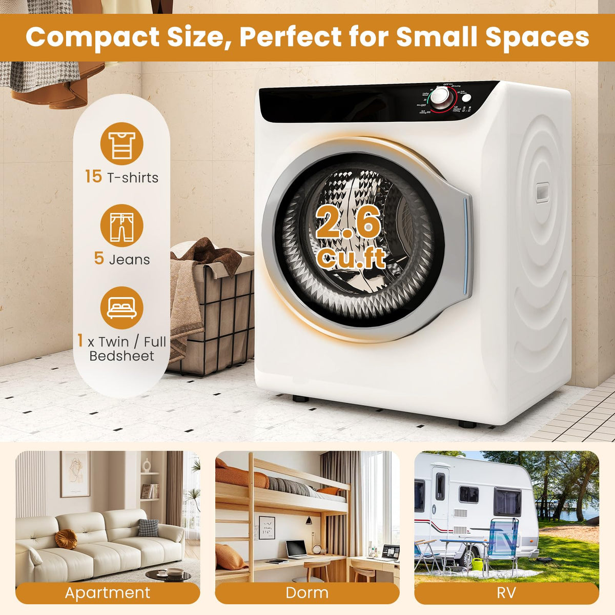 2.6 CU. FT. White Compact Electric Clothes Dryer with Stainless Steel Tub W83092