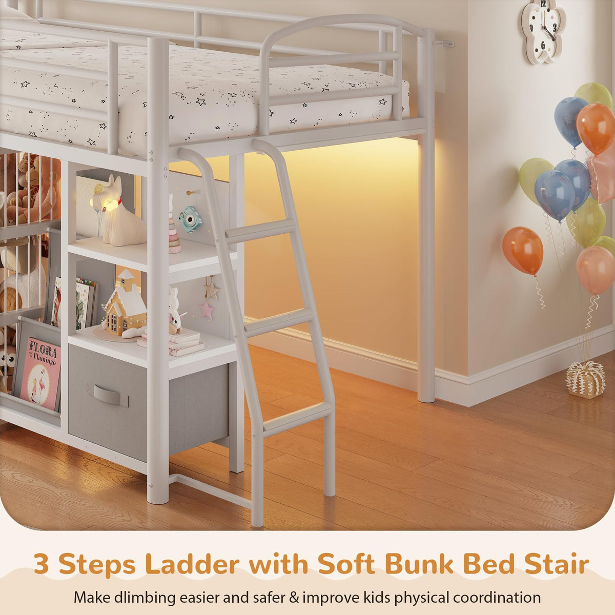 Twin Low Loft Bed with Storage Drawers and LED Lights X720746
