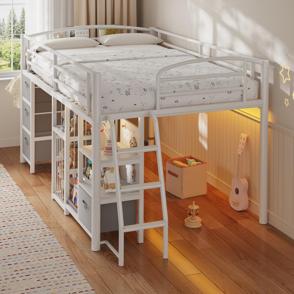 Twin Low Loft Bed with Storage Drawers and LED Lights X720746