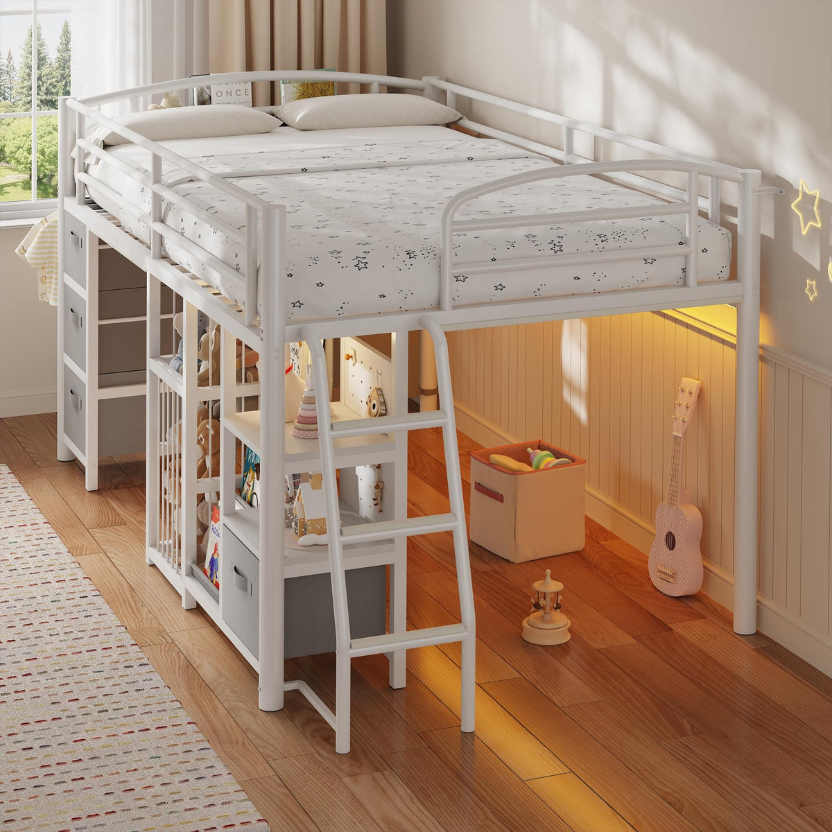 Twin Low Loft Bed with Storage Drawers and LED Lights X720746