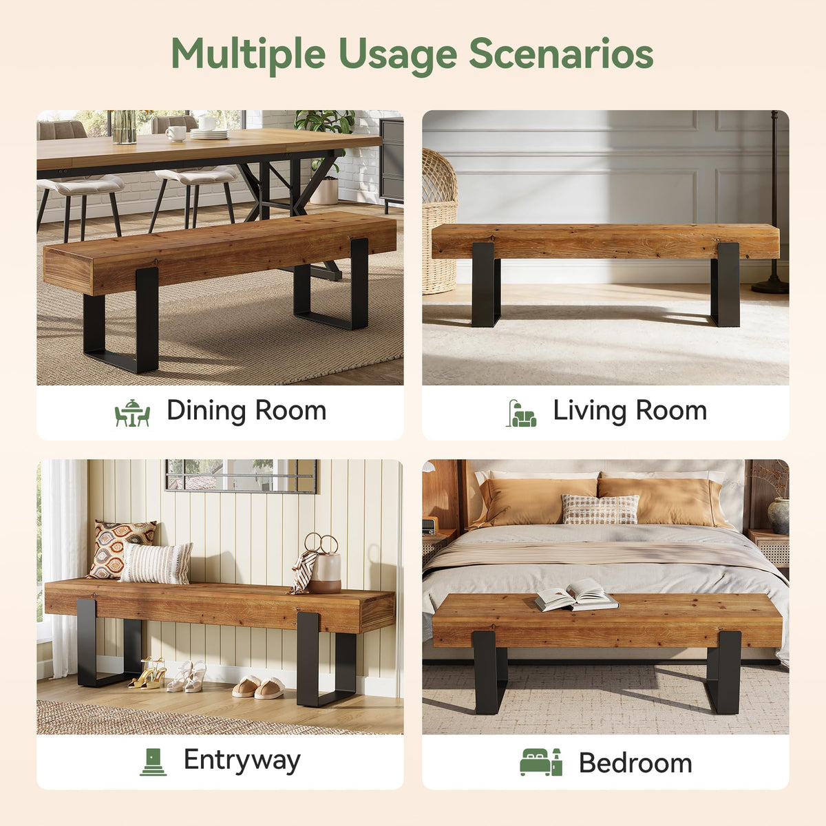 Solid Wooden Entryway Bench with Metal Legs W1649