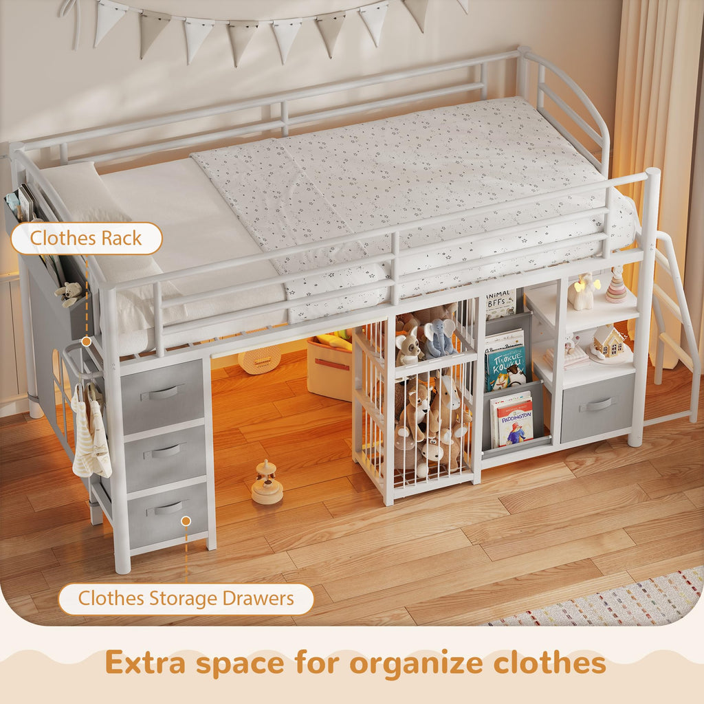 Twin Low Loft Bed with Storage Drawers and LED Lights X720746