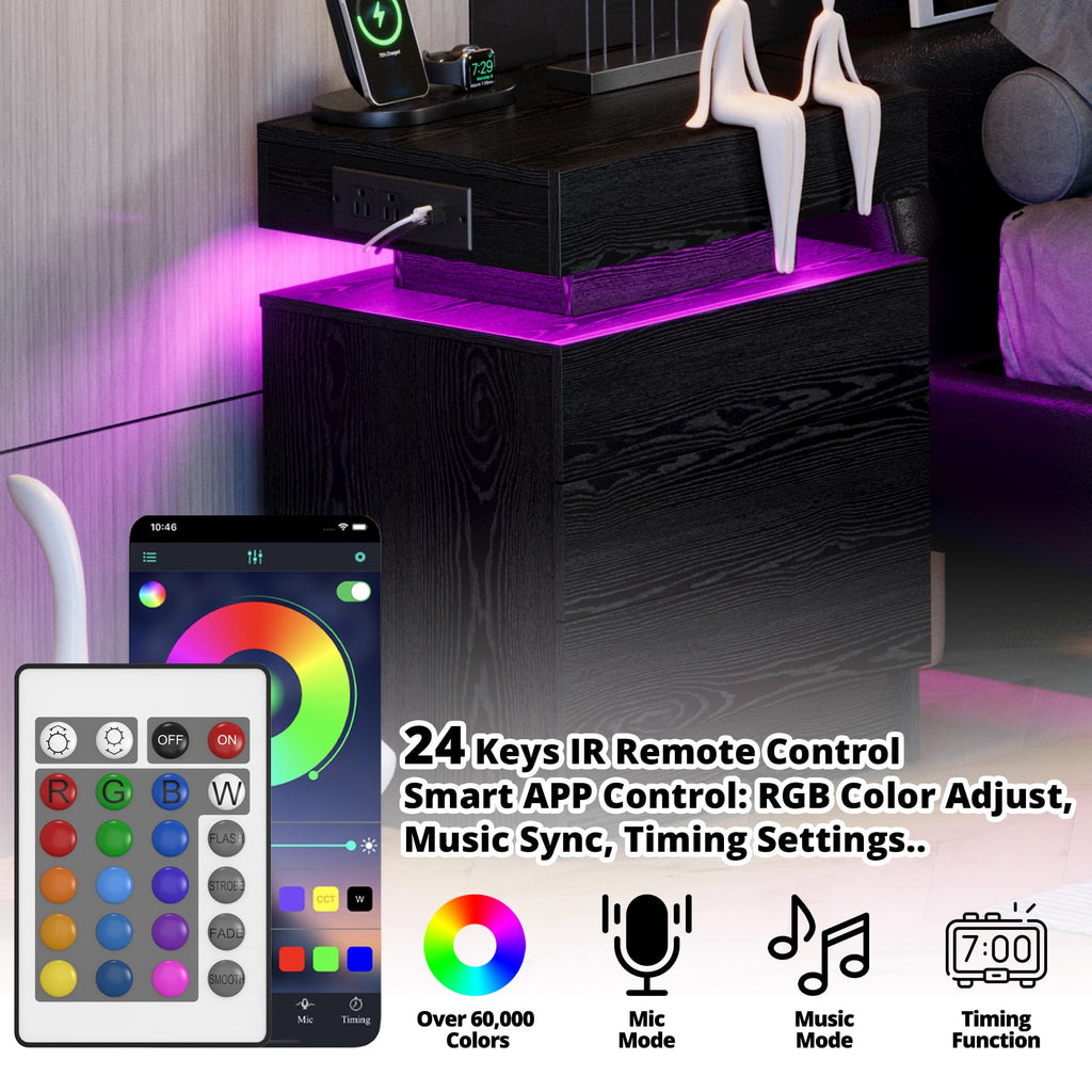 Black 3 Drawer Nightstand with Charging Station K9808