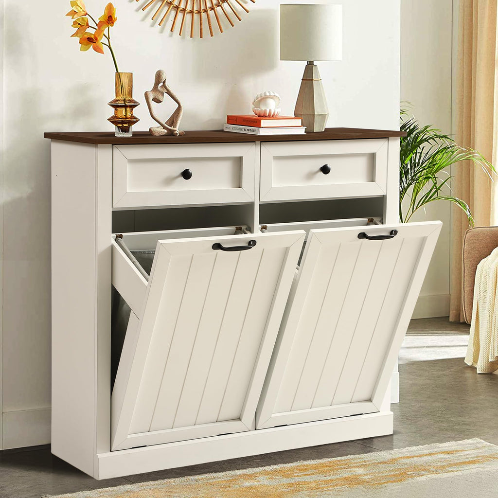 White 22 Gallon Wooden Laundry Hamper Cabinet with 2 Drawers A5101