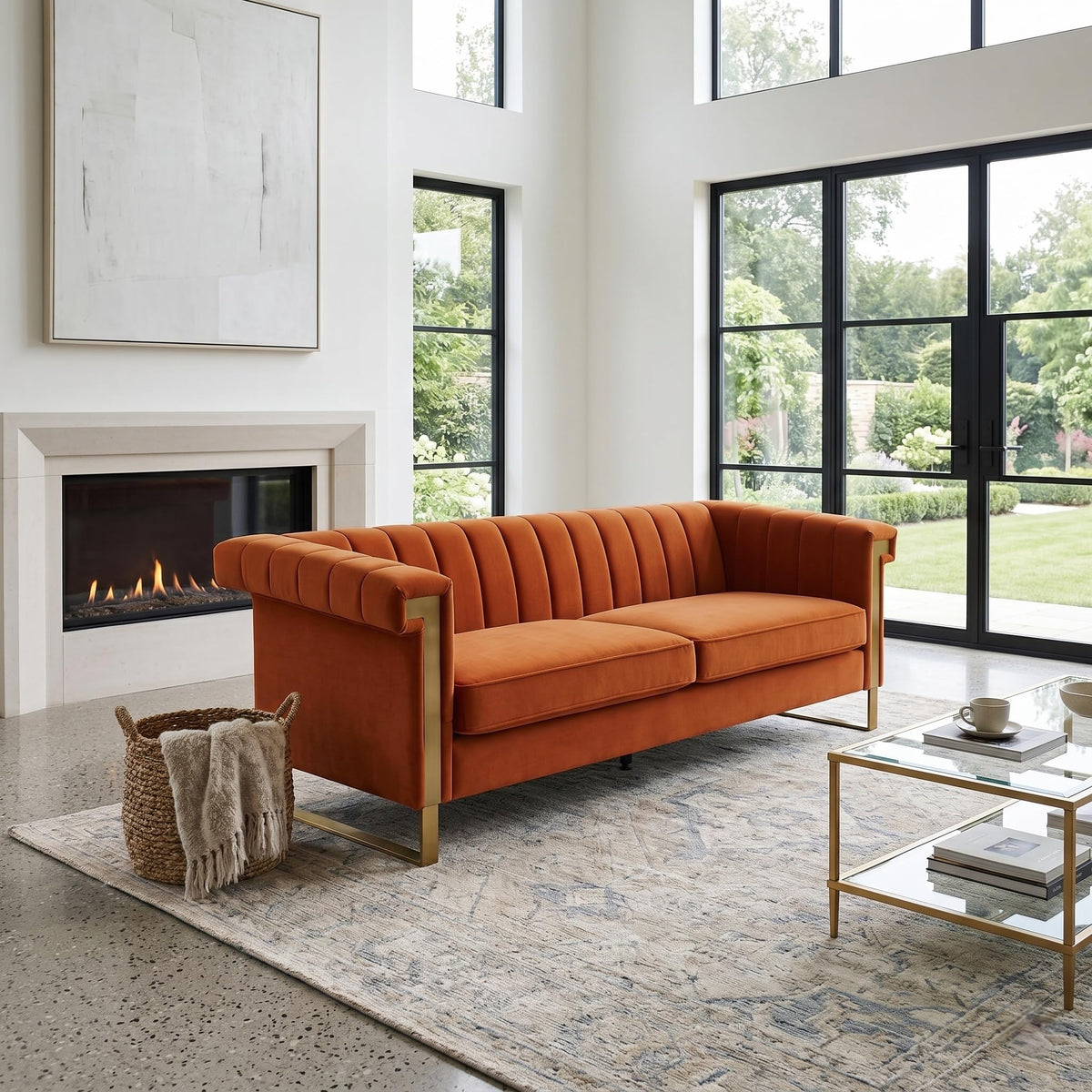 Orange Velvet 3-Seater Sofa Q720972