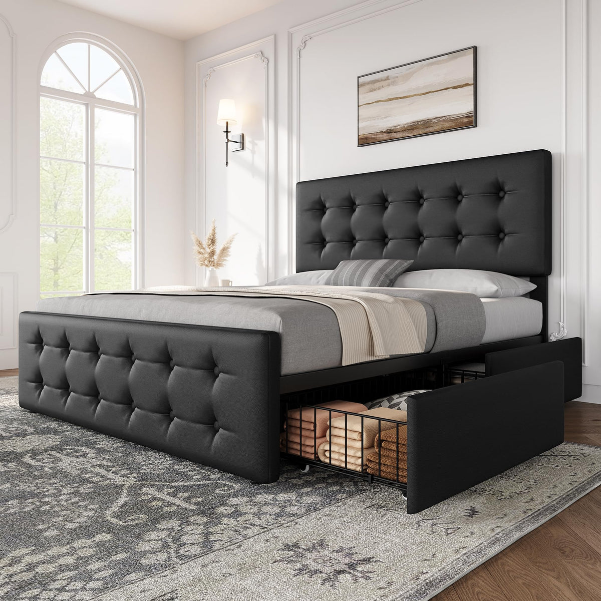 Full Size Bed Frame with 4 Storage Drawers and Headboard, Black U47709