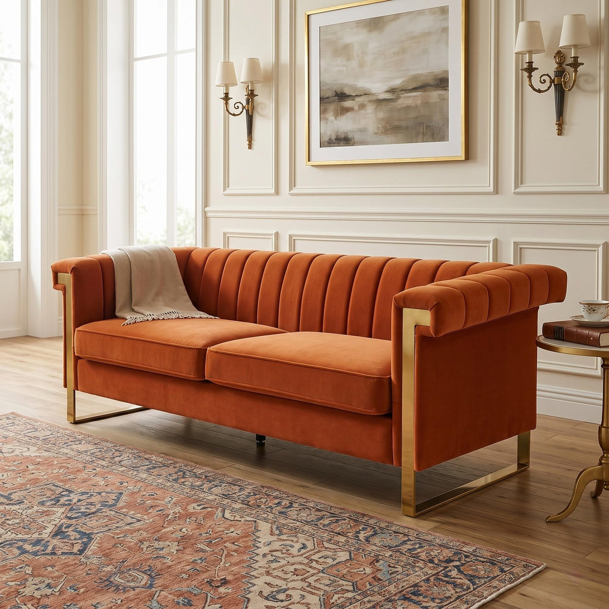 Orange Velvet 3-Seater Sofa Q720972