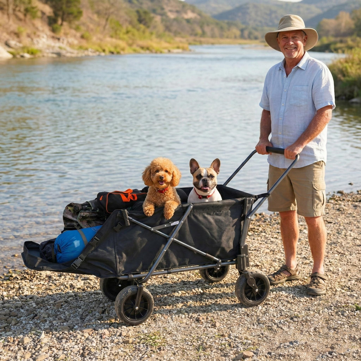 Folding Dog Wagon Cart with Extendable Rear End, 220L Collapsible Utility Cart, Black J18257