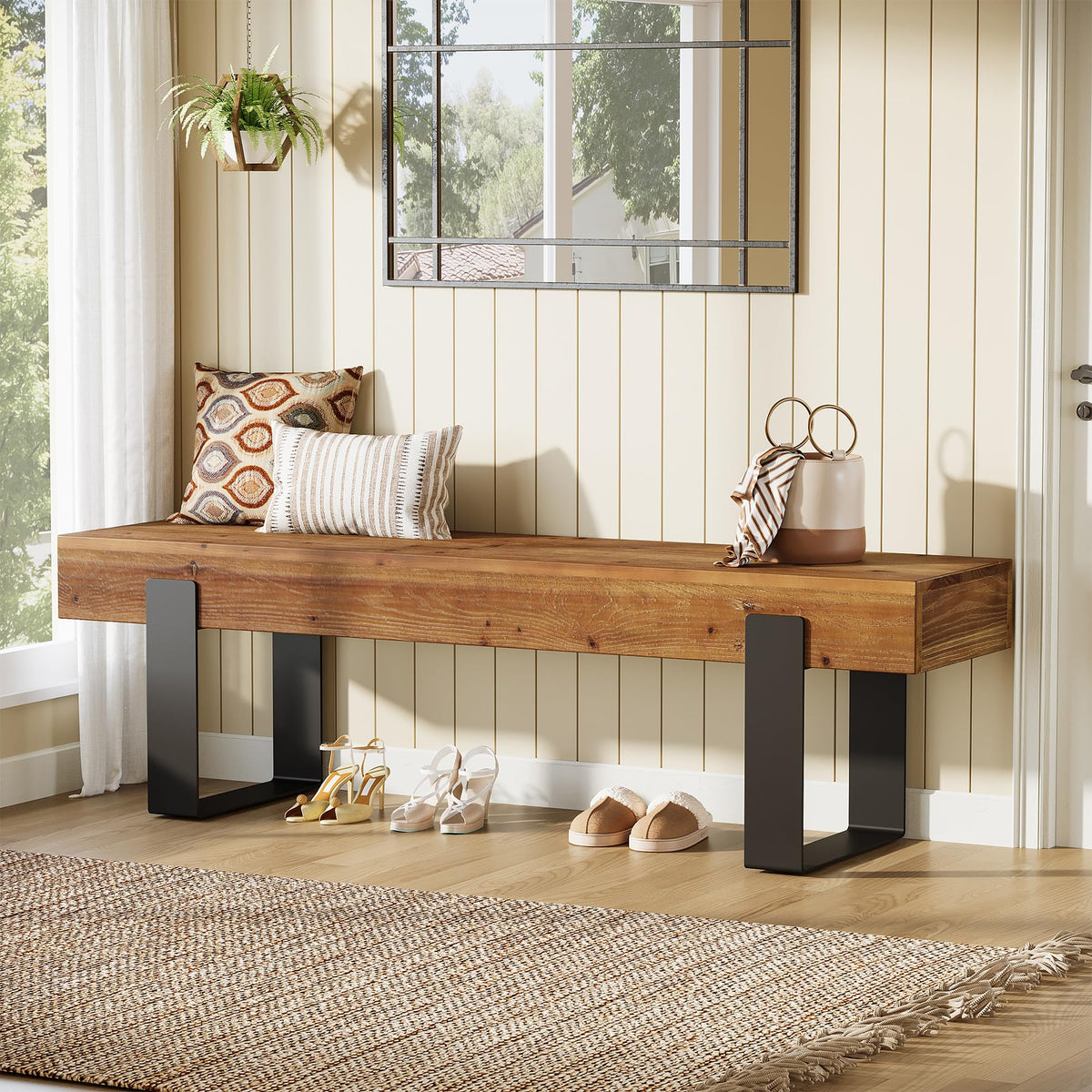 Solid Wooden Entryway Bench with Metal Legs W1649