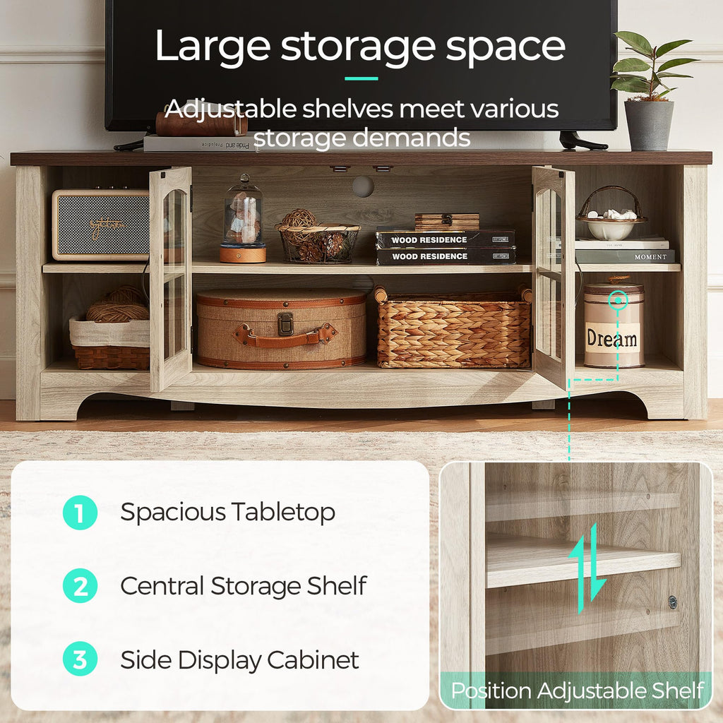 Farmhouse Wood TV Stand for 65 Inch TV with Glass Door Storage Cabinet U8292