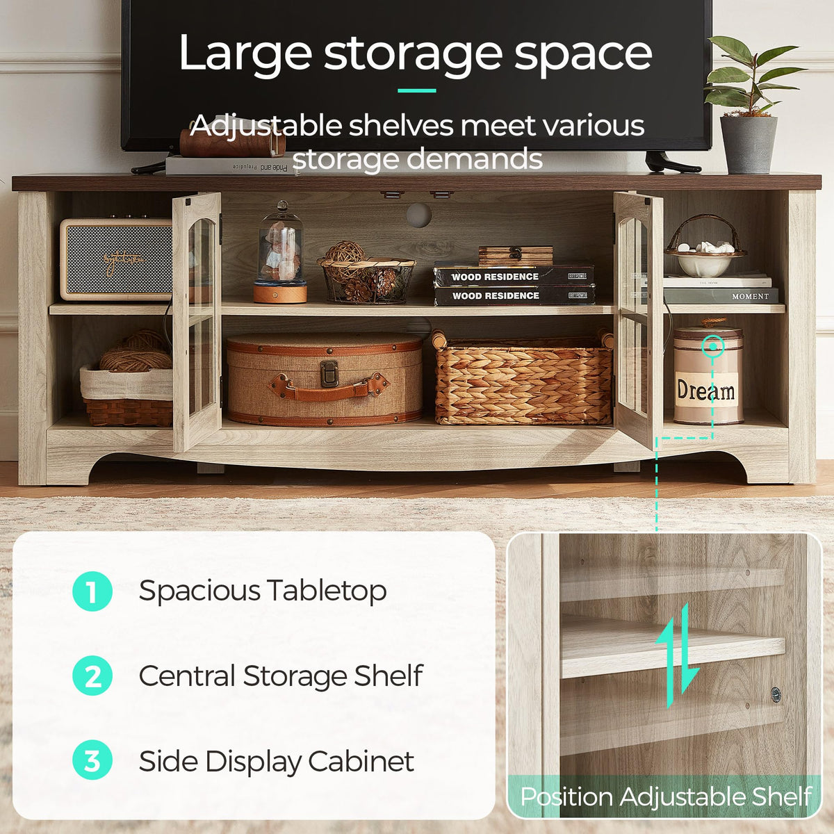 Farmhouse Wood TV Stand for 65 Inch TV with Glass Door Storage Cabinet U8292