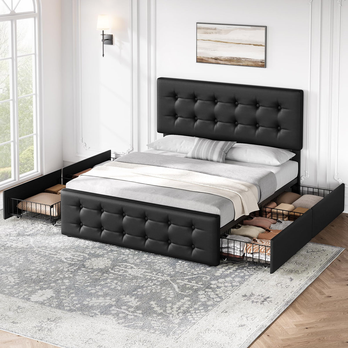 Full Size Bed Frame with 4 Storage Drawers and Headboard, Black U47709