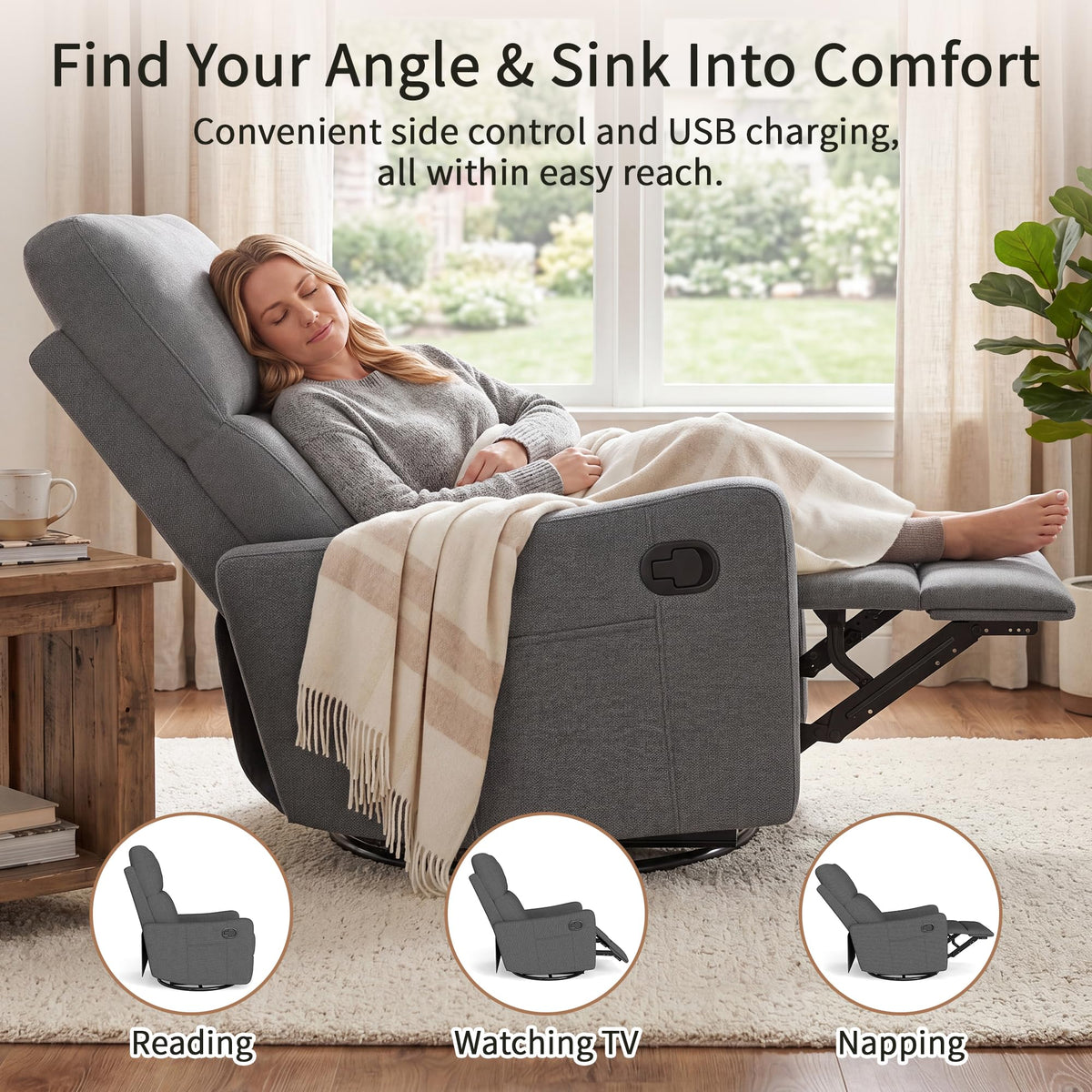 Dark Gray Swivel Rocker Recliner Chair Y77805