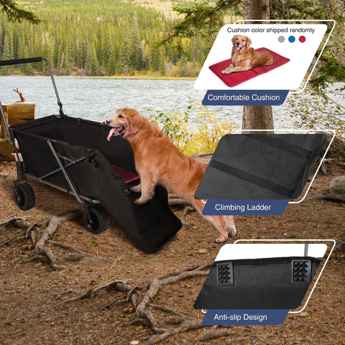 Folding Dog Wagon Cart with Extendable Rear End, 220L Collapsible Utility Cart, Black J18257